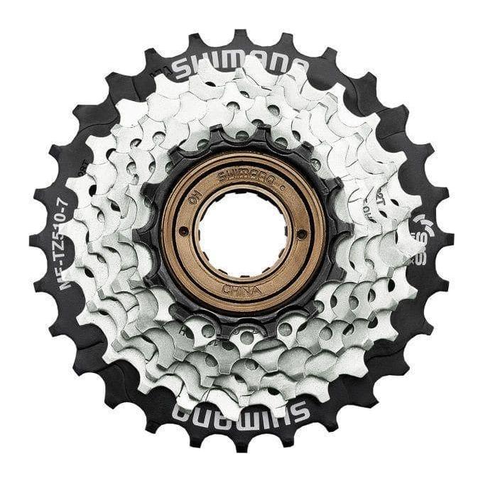 Shimano MF-TZ510 7-speed vrijwiel voor fiets, zichtbaar op de afbeelding, met metalen ratel en tandwielen.