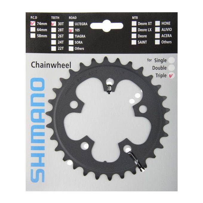 Shimano 105 FC-5703 30T zilveren kettingblad voor 10-speed fiets, stevig en lichtgewicht, zichtbaar op de afbeelding.