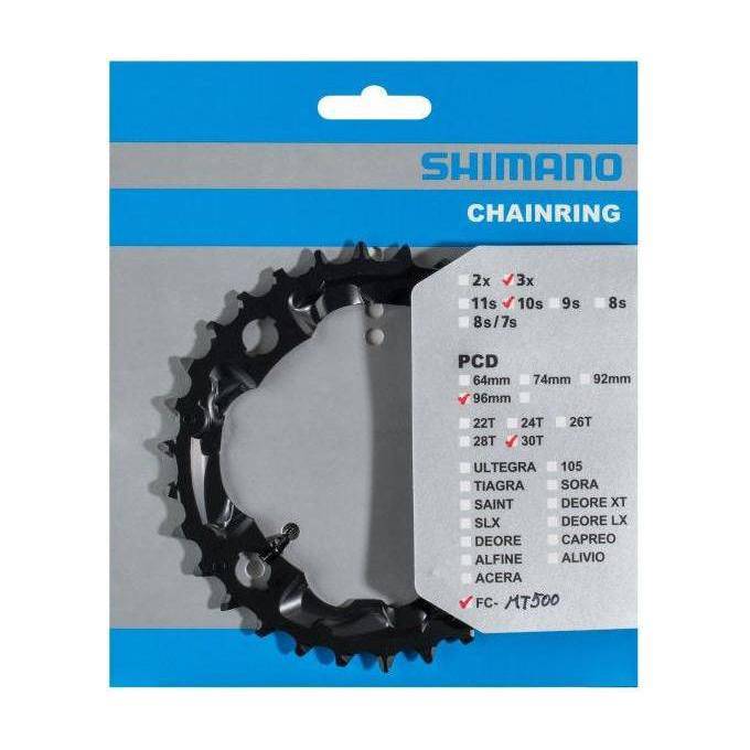 Shimano FC-MT500 / FC-M523 30T aluminium kettingblad voor 10-speed mountainbike, zwart, zichtbaar vanaf de zijkant.