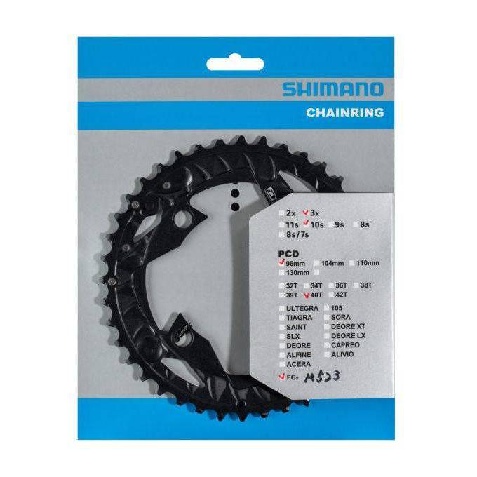 Shimano FC-MT500 / FC-M523 40T kettingblad voor 10-speed fiets, zichtbaar met kettingbeschermer en montagemateriaal