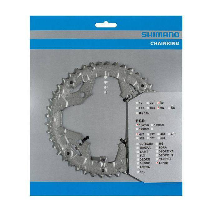 Shimano Alivio FC-T4060 kettingblad 44T 9-speed in zilver, zichtbaar met tandprofiel en montagegaten.
