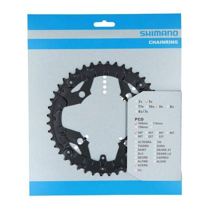 Shimano Acera FC-T3010 9-speed staal kettingblad voor kettingbeschermer, zichtbaar met tanden en bevestigingspunt in de afbeelding.