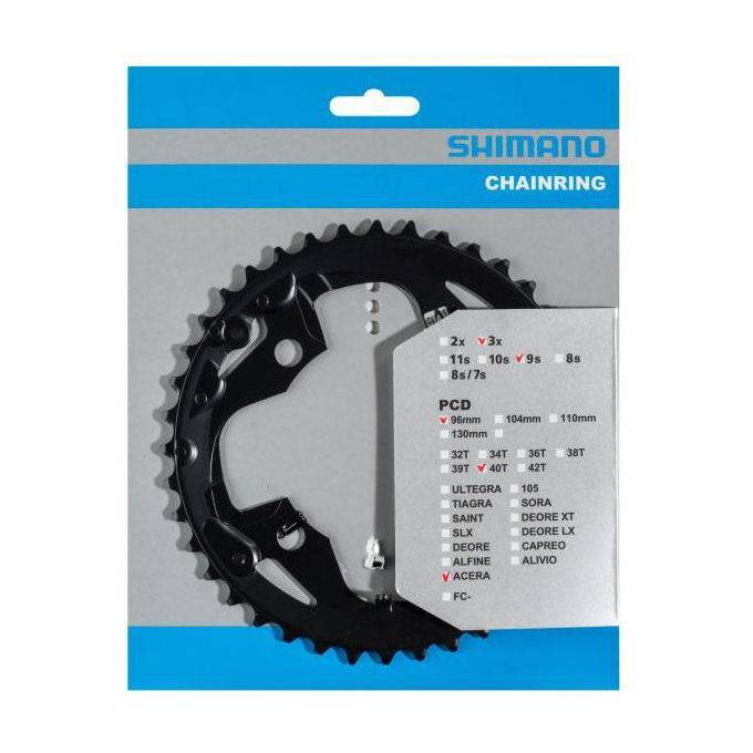 Shimano Acera FC-M3000 kettingblad 40T voor 9-speed fiets, zwart met tanden en bevestigingsgaten zichtbaar.