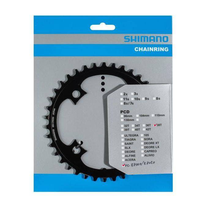 Zwart Shimano Steps SM-CRE80/SM-CRE80B 38T 11-speed staal kettingblad voor fietsen, zichtbaar in de afbeelding.