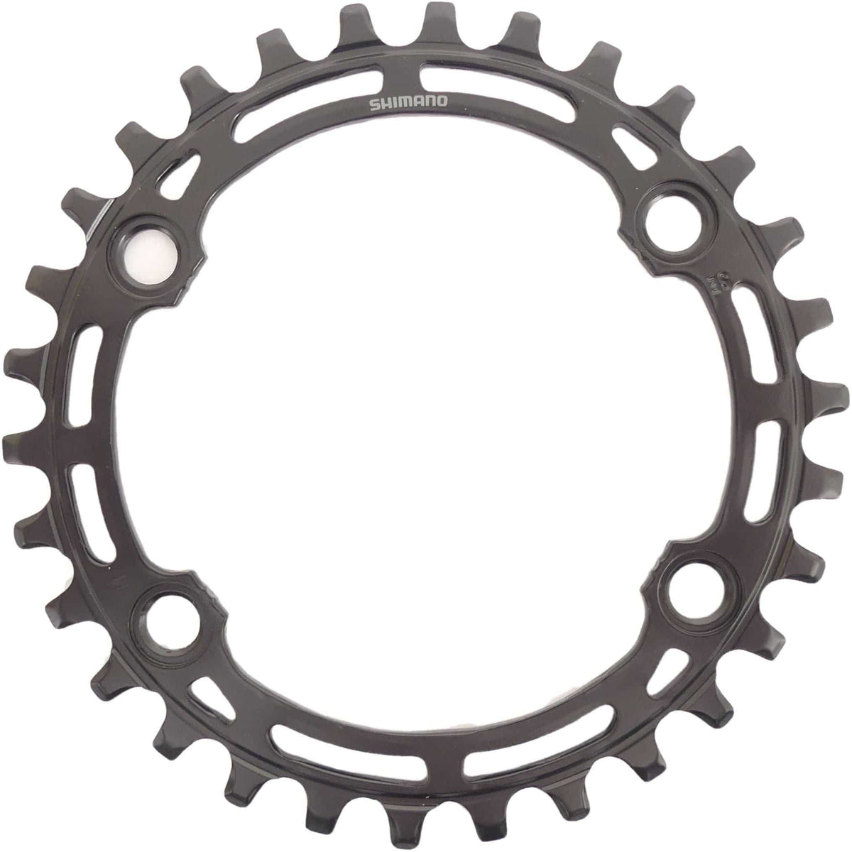 Shimano Deore FC-M5100 kettingblad met 4 armen voor 11-speed mountainbikes, zwart en metalen afwerking.