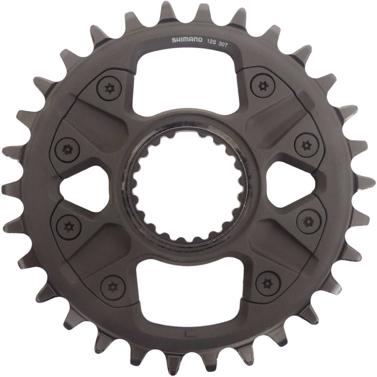 Shimano Deore Fc-M6100 kettingblad 30T voor 12-speed mountainbiketransmissie, zwart, met tandprofiel.
