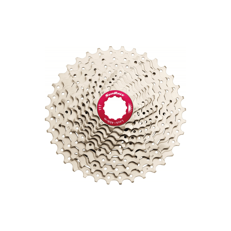 Sunrace CSMX0 10-speed cassette met 11-36T tandwielen voor racefietsen, zichtbaar op de afbeelding.