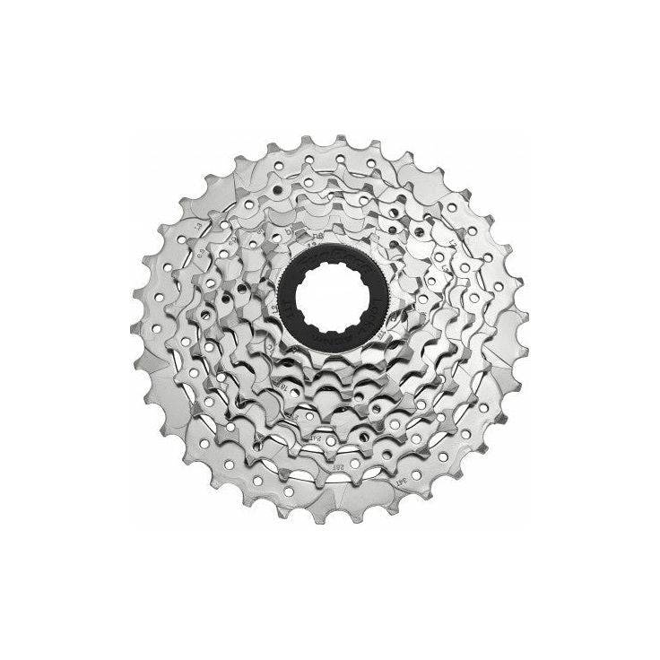 Sunrace 8-speed cassette CSM66 11-34T in nikkel, zichtbaar op de afbeelding, geschikt voor mountainbikes en racefietsen.