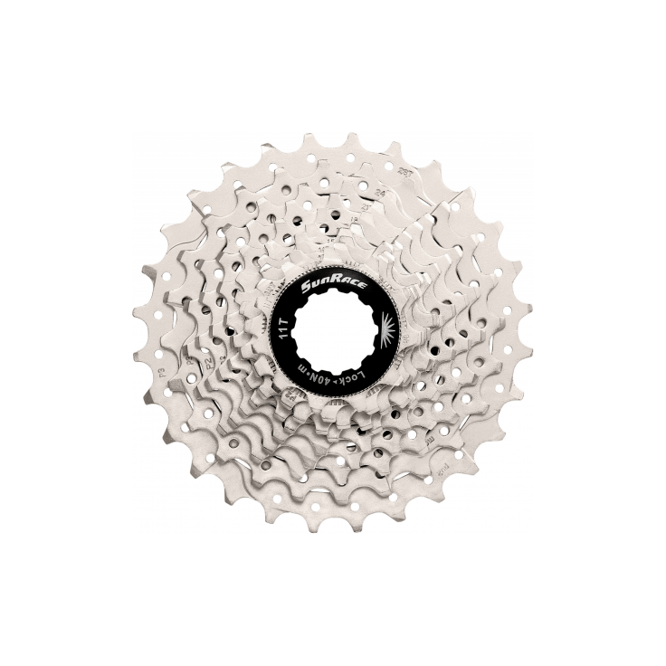 Zwarte Sunrace 10-speed cassette CSRS1 11-32T voor fiets, met tandwielen en kettinggeleider, geschikt voor snelheidswisselaars.