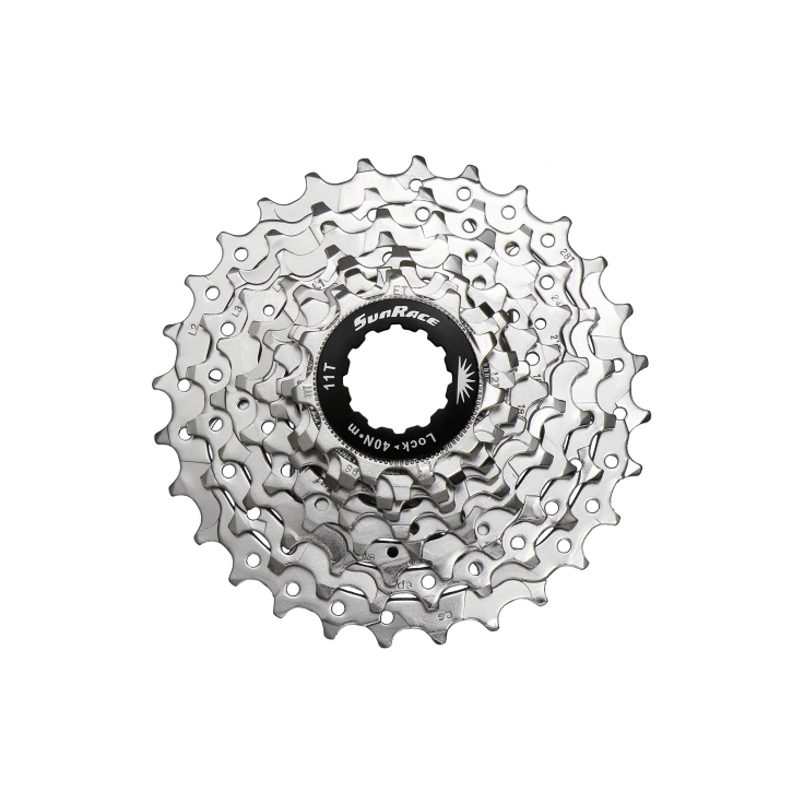 Zilveren Sunrace 9-speed cassette CSRS91 met zeven tandwielen voor racefietsen en snel schakelen.