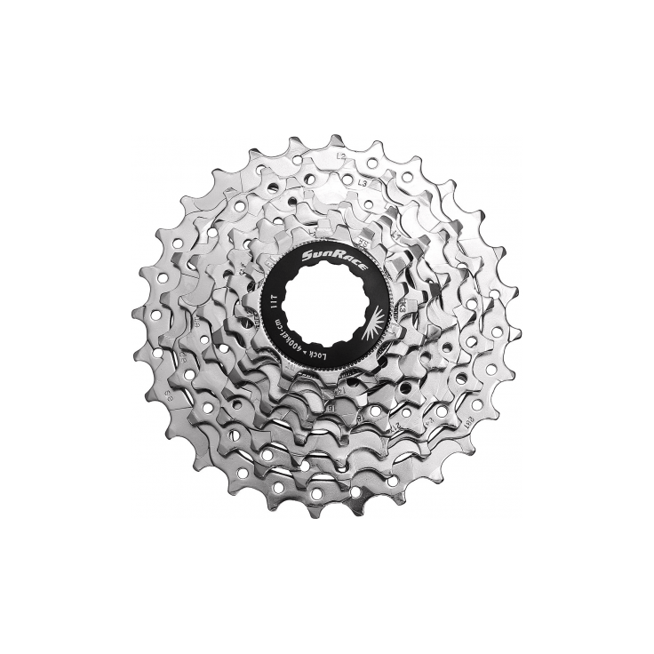 Zilveren Sunrace 8-speed cassette CSR86 11-23T, zicht op de tanden en constructie van de fietscassette