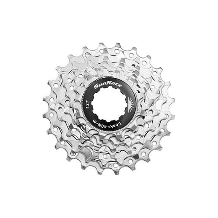 Sunrace 7-speed cassette CSR63 12-24T in zilver, zichtbaar op de fietscomponent voor soepel schakelen.