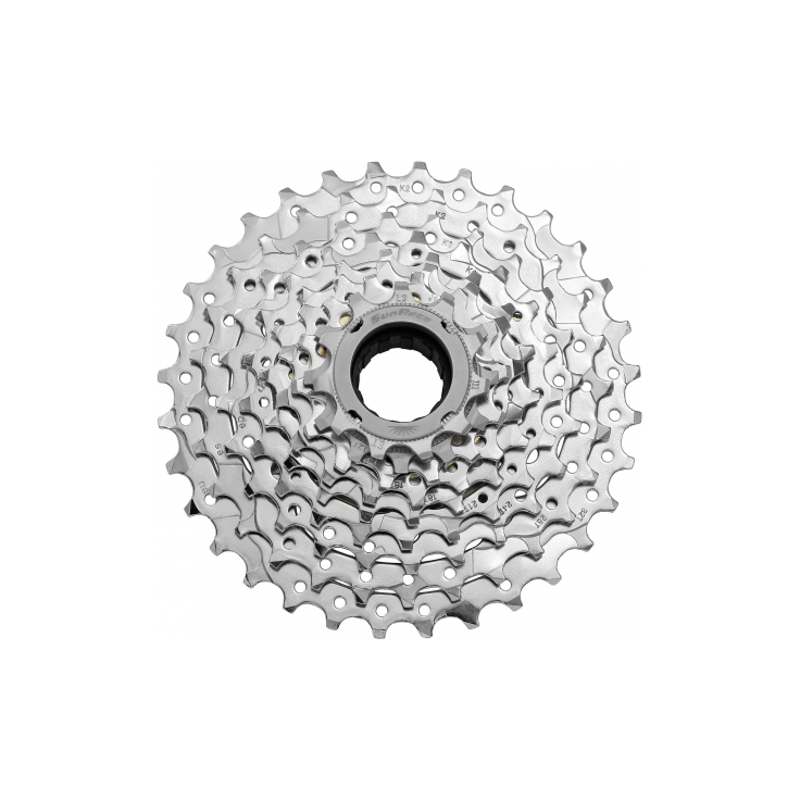 Sunrace Freewheel 9-speed Mfex9 11-32T, verchroomd, zichtbaar met tandwielen en glanzende afwerking in de afbeelding
