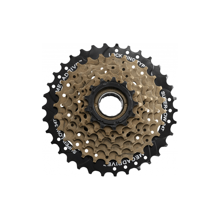 Zwarte Sunrace Freewheel 7-speed MFM300 14-34T, zichtbaar met tandwielen en mechanische details.