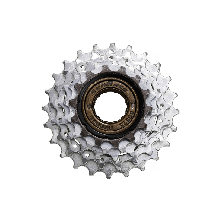 Zwarte Sunrace freewheel 6 snelheden Mfr2A 14-24T met tandwielen, voor fietsreparatie en upgrading.