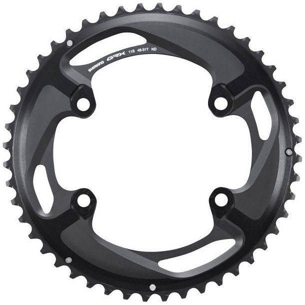 Shimano GRX FC-RX810 kettingblad 48T zwart voor 11-speed fiets, zichtbaar met tandprofiel en bevestigingsgaten.