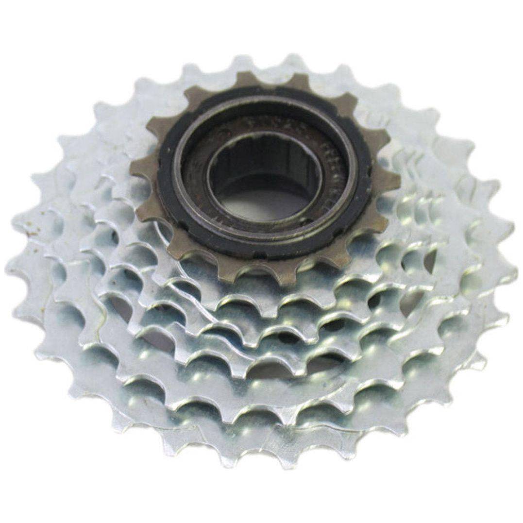 Sunrace 6- snelheid freewheel 14-28T in chroom, zichtbaar met metalen tanden en bevestigingsmechanisme.