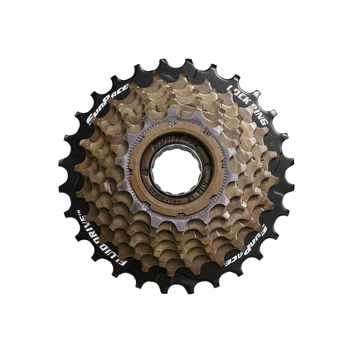 Sunrace 7-speed freewheel met 14-28 tanden, zinksamenstelling, geschikt voor fietstoepassingen.