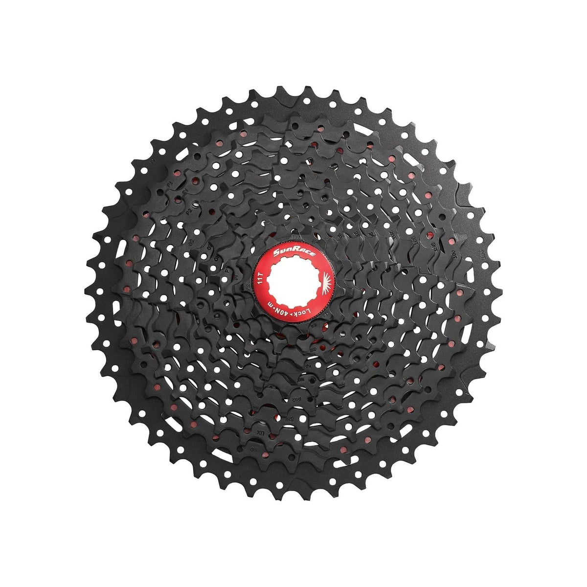 Zwarte en rode Sunrace 11-speed cassette CSMX8, geschikt voor racefietsen, met gedetailleerde tandwielstructuur zichtbaar.