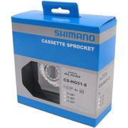 Shimano Alivio HG51 8-speed cassette voor racefietsen, zwart met metalen tandwielen en bevestigingsring.