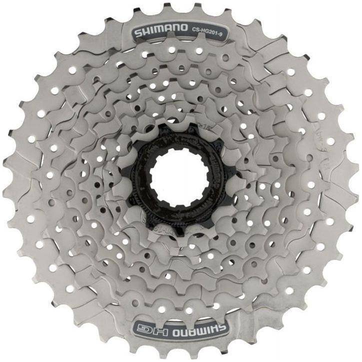 Shimano Acera CS-HG201 9-speed cassette met metalen tandwielen en zwarte behuizing, geschikt voor mountainbikes en racefietsen.