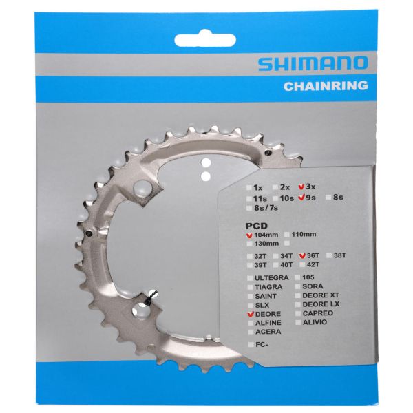Shimano Deore FC-M532 kettingblad 4-arm zilver voor 9-speed fietsen, duidelijk zichtbaar op de afbeelding.