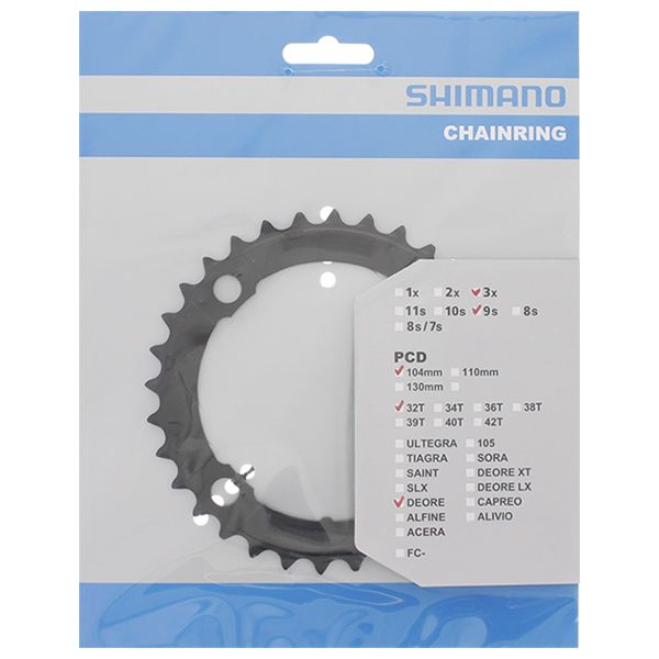 Shimano Deore M590 kettingbladen 9 speed, 4-arm ontwerp voor mountainbikes, zichtbaar in de afbeelding.