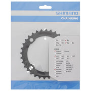 Shimano Deore M590 kettingbladen 9 speed, 4-arm ontwerp voor mountainbikes, zichtbaar in de afbeelding.