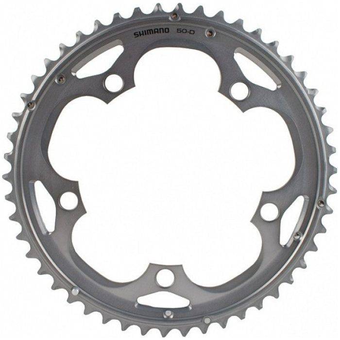 Shimano 105 FC-5703 50T zilveren kettingblad voor 10-speed fietsen, zichtbaar in detail op de afbeelding.