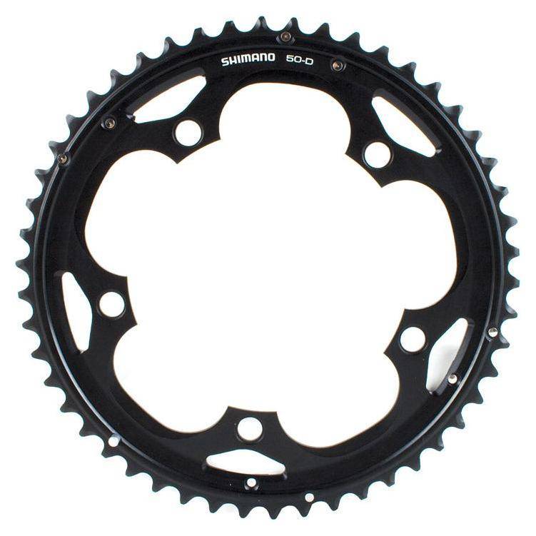 Zwart Shimano 105 FC-5703 50T kettingblad voor 10-speed fiets, overzicht van het fietsonderdeel met merk en specificaties.