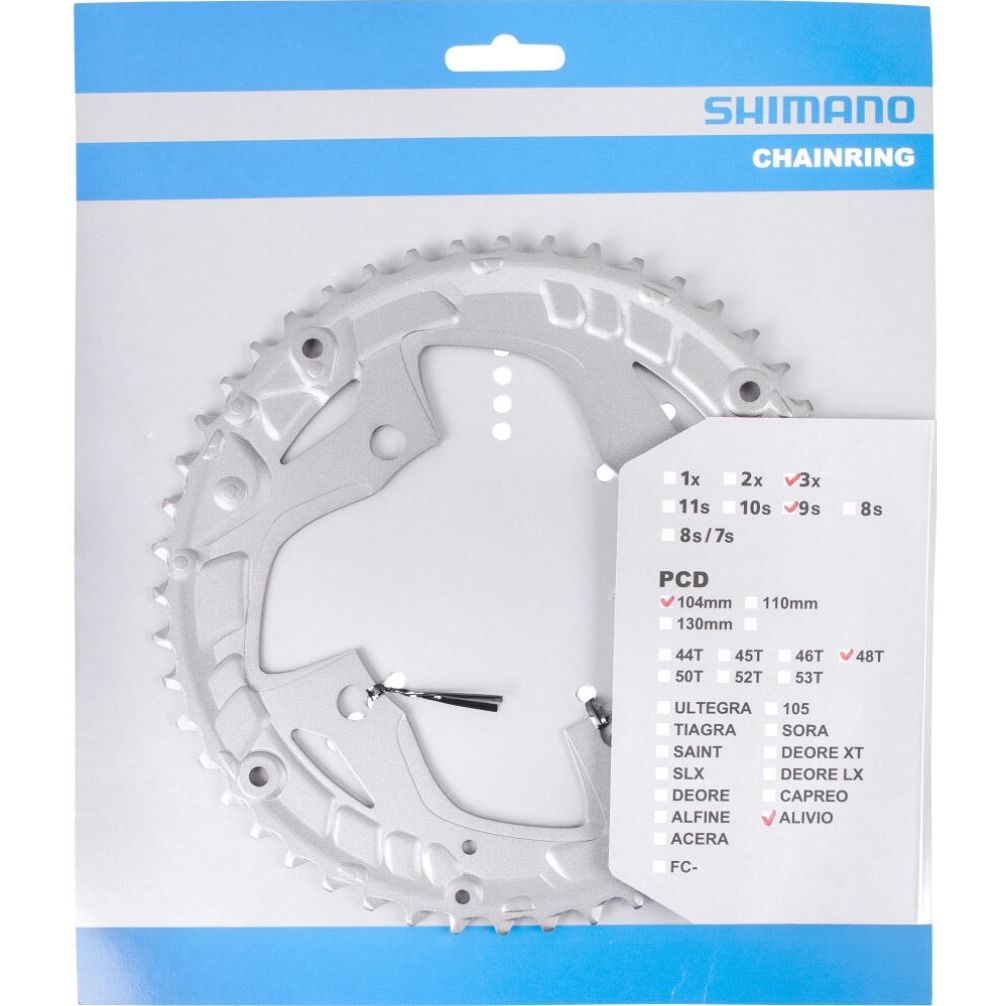 Shimano Alivio FC-T4060 48T kettingblad voor 9-speed fietsen, zilverkleurig, gedetailleerde close-up van het fietsonderdeel