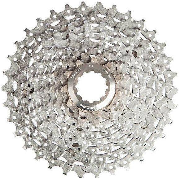 Shimano Deore XT CS-M770 9-speed cassette met aluminium spider en stevige constructie, geschikt voor mountainbikes en racefietsen.