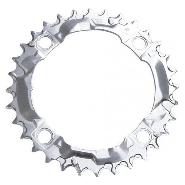 Shimano Alivio 32T kettingblad met 4 armen, geschikt voor 8-speed fietsen, in zilver kleur, zichtbaar in close-up.