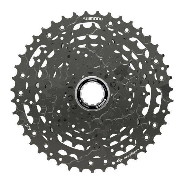 Shimano CS-LG400 Linkglide 10-speed cassette met metalen tanden en zwarte behuizing voor fiets.