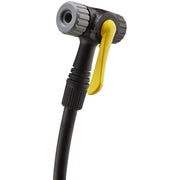 Topeak Joeblow Elite vloerpomp met digitale drukmeter en handvat voor het oppompen van fietsbanden.