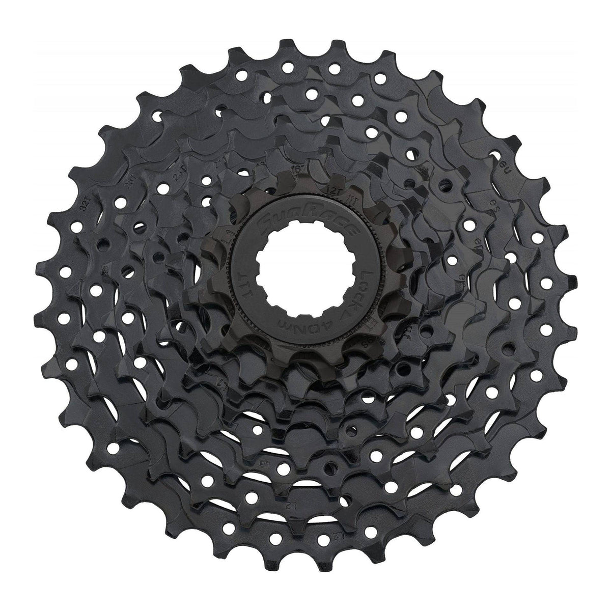 Zwarte Sunrace 9-speed cassette CSM90 met 11-36T tandwielen, geschikt voor fietstransmissie.