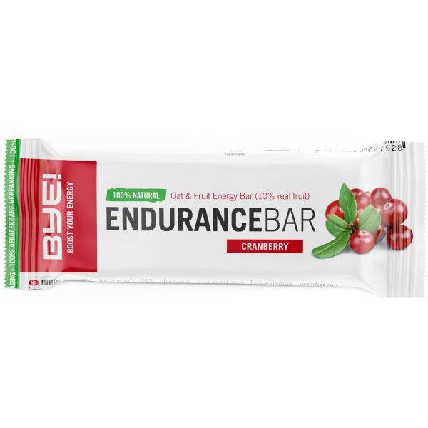 Biologische BYE! Endurance Energy Reep Cranberry in 40g biologisch afbreekbare verpakking, geschikt voor sport en onderweg.