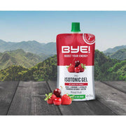 BYE! Pro Isotonische sportgels in rood fruit, 70g per zak, doos van 12 stuks, ideaal voor sporters.