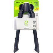 Zwarte Ursus Jumbo Evo middenstandaard met twee poten en crankbescherming, 275 mm, voor fietsen.