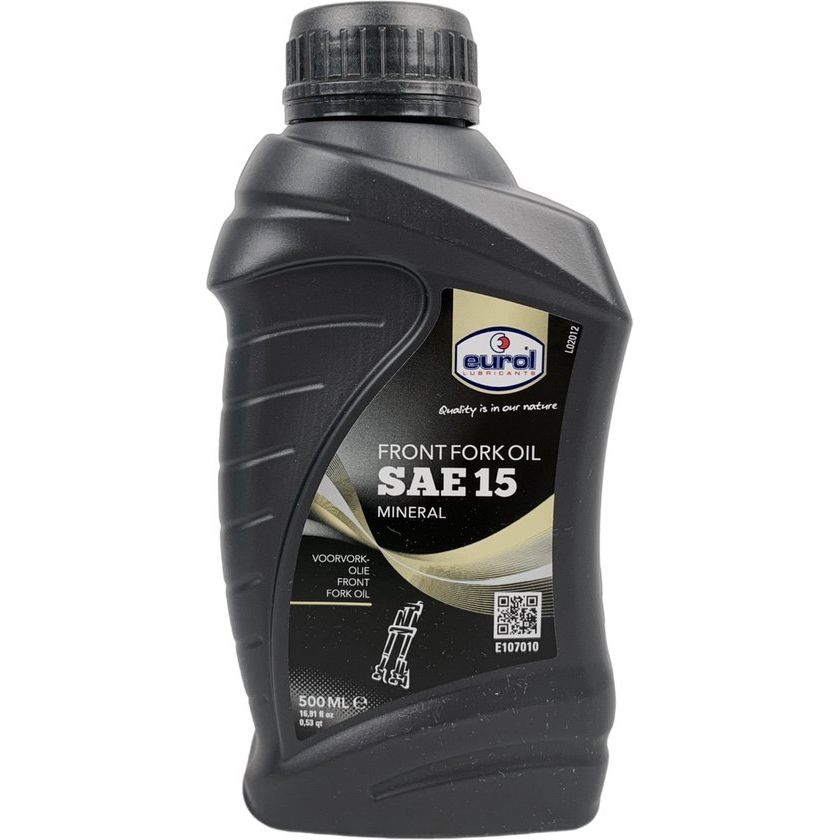 Eurol Sae15 vorkolie in een 500ml fles, geschikt voor smering en bescherming van fiets- of motorvoorvorken.