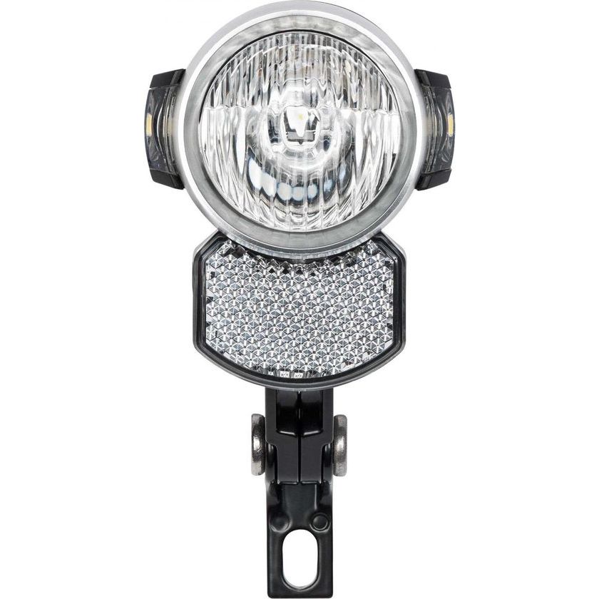 Zwarte Axa Blueline 50-T Steady koplamp met naafdynamo en 50 lux verlichting voor fiets, zichtbaar op de afbeelding