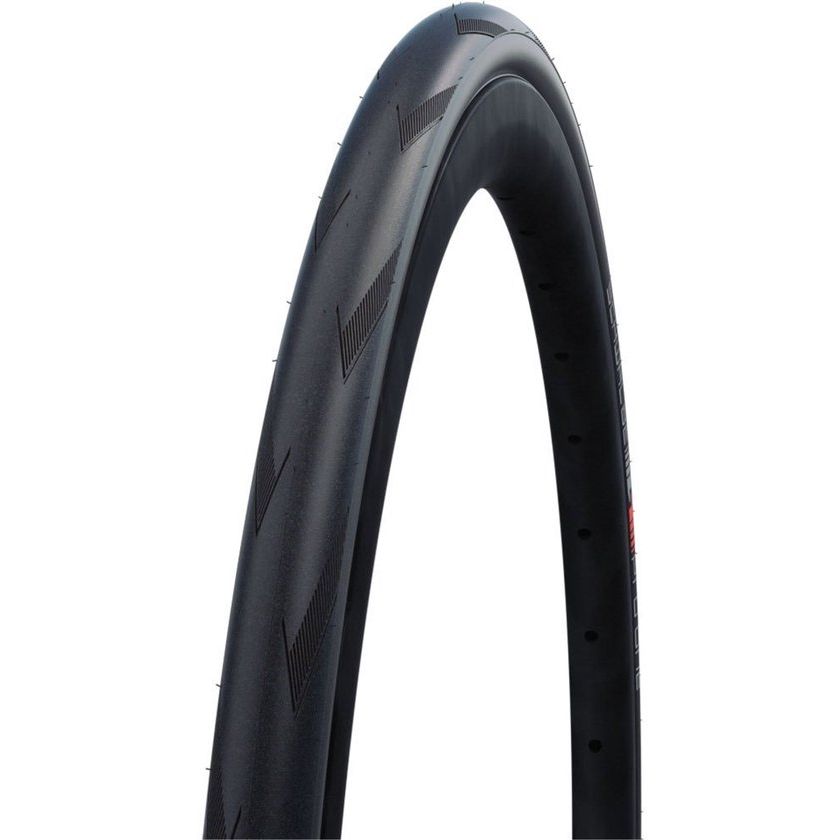 Zwarte Schwalbe 28-inch Pro One ADDIX Race V-Guard vouwband voor racefietsen, getoond met profiel en zijwand.