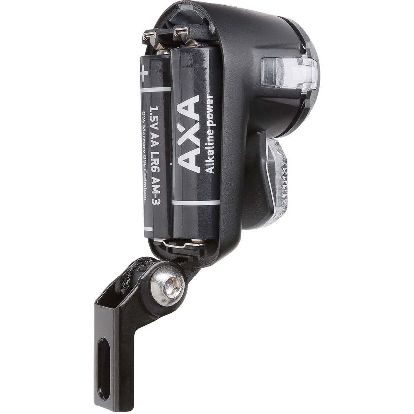 Zwarte Axa Nox City 4 Lux koplamp met batterij, zichtbaar met bedieningsknoppen en lampglas in een heldere omgeving