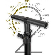 Topeak Joeblow Tubi 2Stage vloerpomp voor banden met dubbele traptechniek en stevige handgreep, zwart en rood ontwerp.