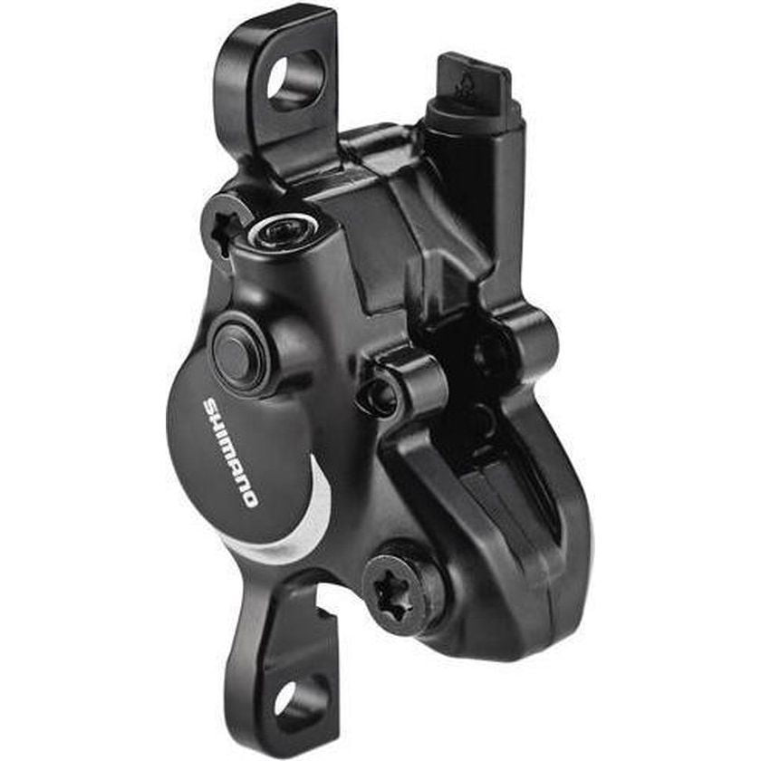 Zwarte Shimano Br-Mt200 hydraulische remklauw zonder leiding, zichtbaar met remmen en montagepunten.