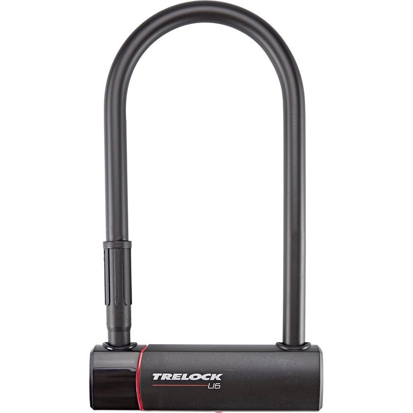 Zwart Trelock U-slot beugelslot, Ø16mm en 300mm lang, geschikt voor fietsbeveiliging of slotbevestiging.