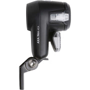 Zwarte Axa Nox City 4 Lux koplamp met batterij, geschikt voor stadsfietsen, zichtbaar met licht en bevestigingsbeugels.