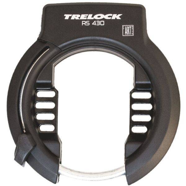 Zwarte Trelock Rs430 Art2 ringslot beveiligingsslot voor fietsen, stevig en betrouwbaar.