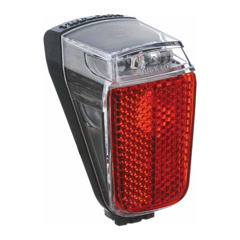 Trelock achterlicht LS 631 Duo Top, rood LED-verlichting voor fietsen, bevestigd aan fietsrand, zichtbaar in de afbeelding.