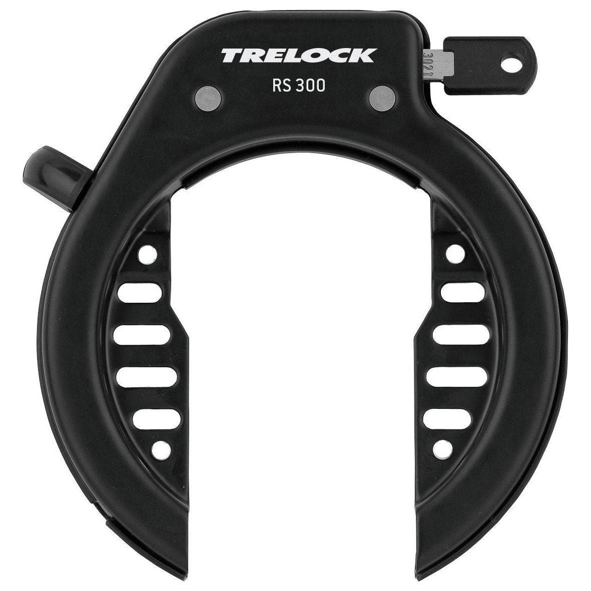Zwart Trelock Ringslot RS 300 Naz Flex Mount bevestiging voor extra fietsbeveiliging, zichtbaar op de afbeelding.